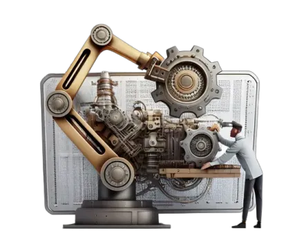 An illustration of a man working on a robotic arm.