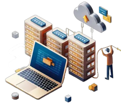 An illustration of a man plugging in a server into a data center.