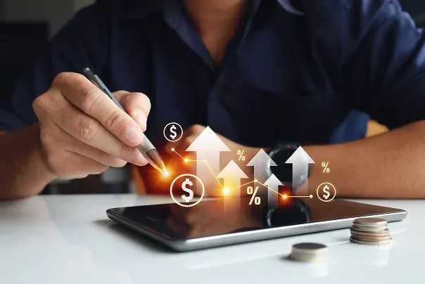 Business Man smiling standing with co-workers