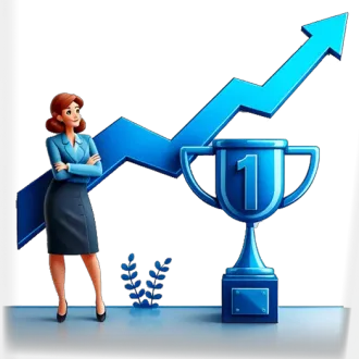 An illustration of a woman in front of a chart trending up, with a trophy in the background.