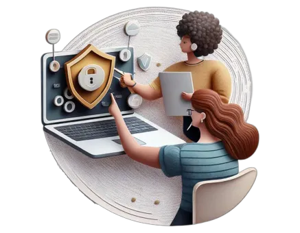 An illustration of 2 women checking a laptop screen. Screen show a lock and a shield.