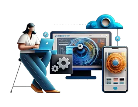 An illustration of a woman working on a laptop with some other devices in the background.