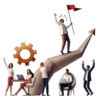 An illustration of a people celebrating around a growth chart trending up.