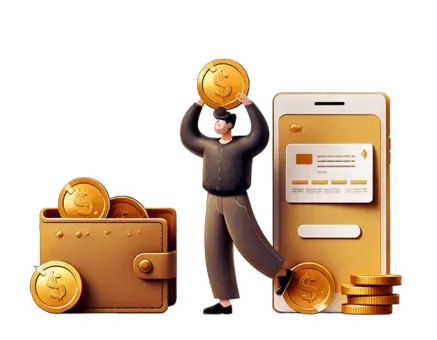 An illustration of a man moving coins from a phone to his wallet.