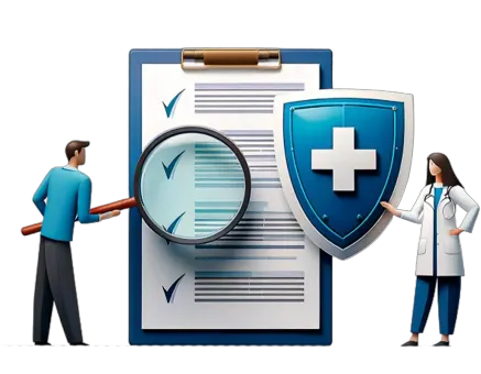 An illustration of a man and a woman checking a list on a clipboard. And a medical shield on the side.