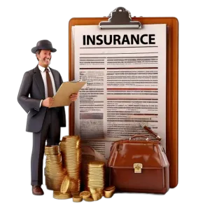 An illustration of a man in front of a clipboard with the word Insurance on it.