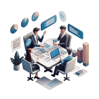 An illustration of people in a meeting room, solving a problem.