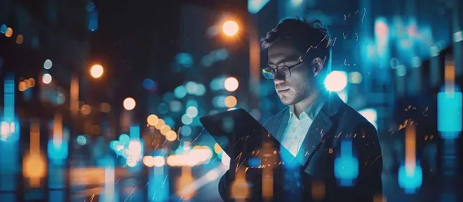 Business Man smiling standing with co-workers