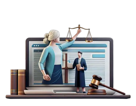 An illustration of a laptop, and a woman holding the scales of justice.