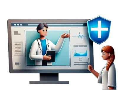 An illustration of a doctor on a laptop screen and a patient looking at it.