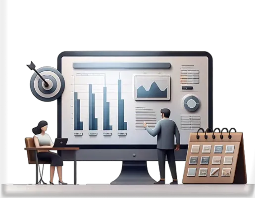 An illustration of a man and woman monitoring a dashboard screen.
