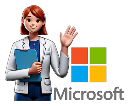 An illustration of a woman in front of a microsoft logo.