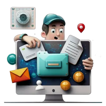 An illustration of a person organizing all sorts of things in front of a computer.