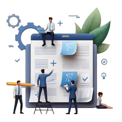 An illustration of a people planning around a clipboard.