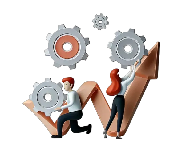 An illustration of a of a man and a woman around a graph that is showing a growth.