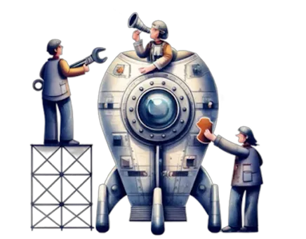 An illustration of people building a rocket ship