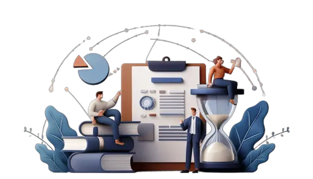 An illustration of people around some books and a clipboard in training.