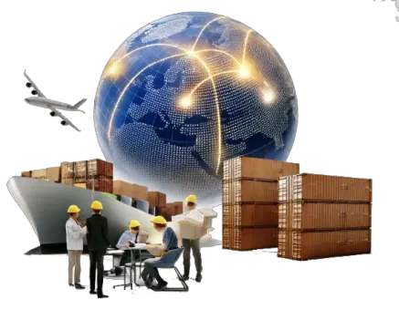 An illustration of a globe, a ship, a plane, and some containers all in the background. In the foreground some people making a plan.