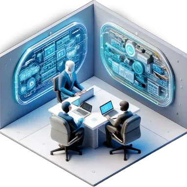 An illustration of people in a futuristic office.