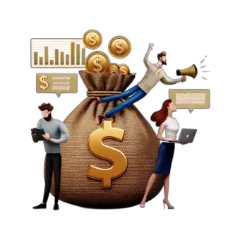 An illustration of a people around a bag of money.